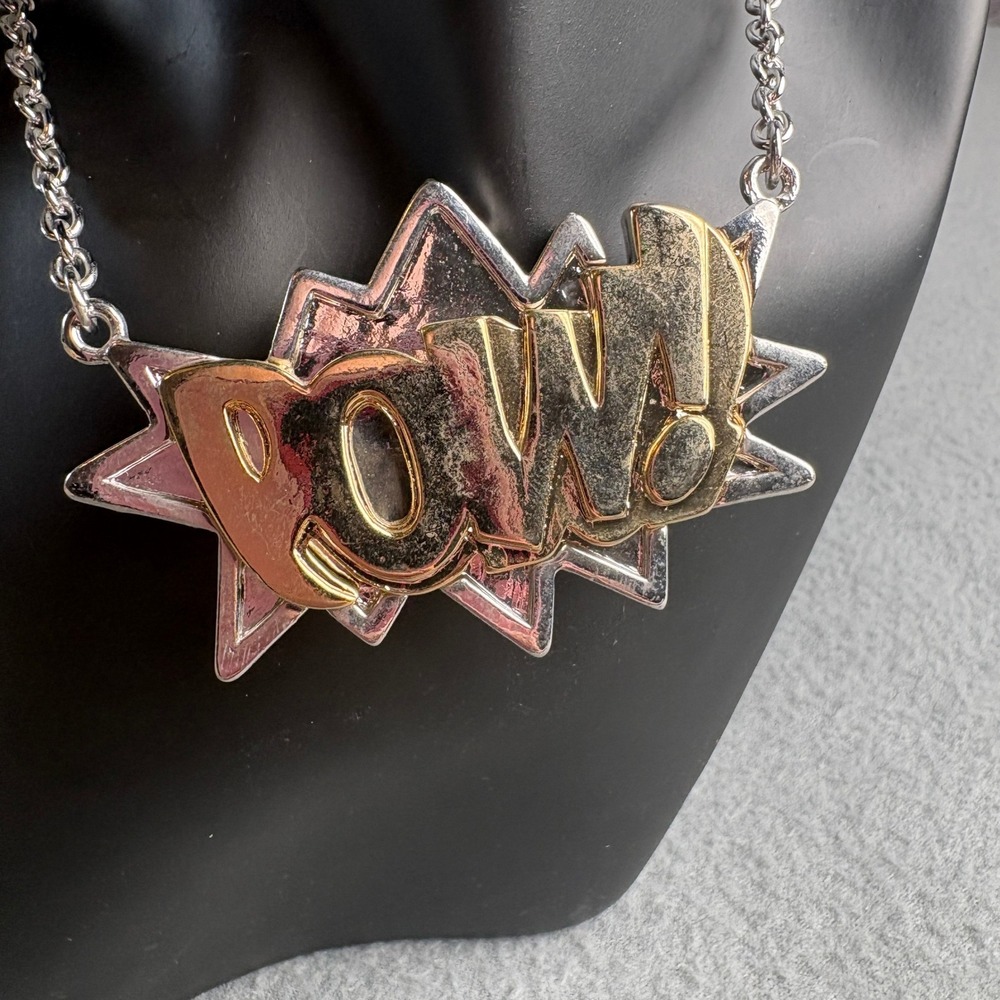Comic Book POW! Statement Necklace Two Tone Silver Gold Retro Superhero Pendant